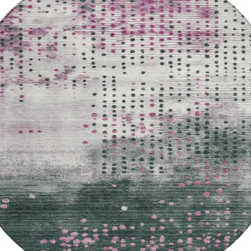 8' Blush And Emerald Round Geometric Washable Indoor Outdoor Area Rug Photo 4