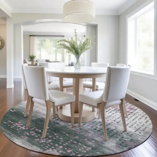 8' Blush And Emerald Round Geometric Washable Indoor Outdoor Area Rug Photo 6