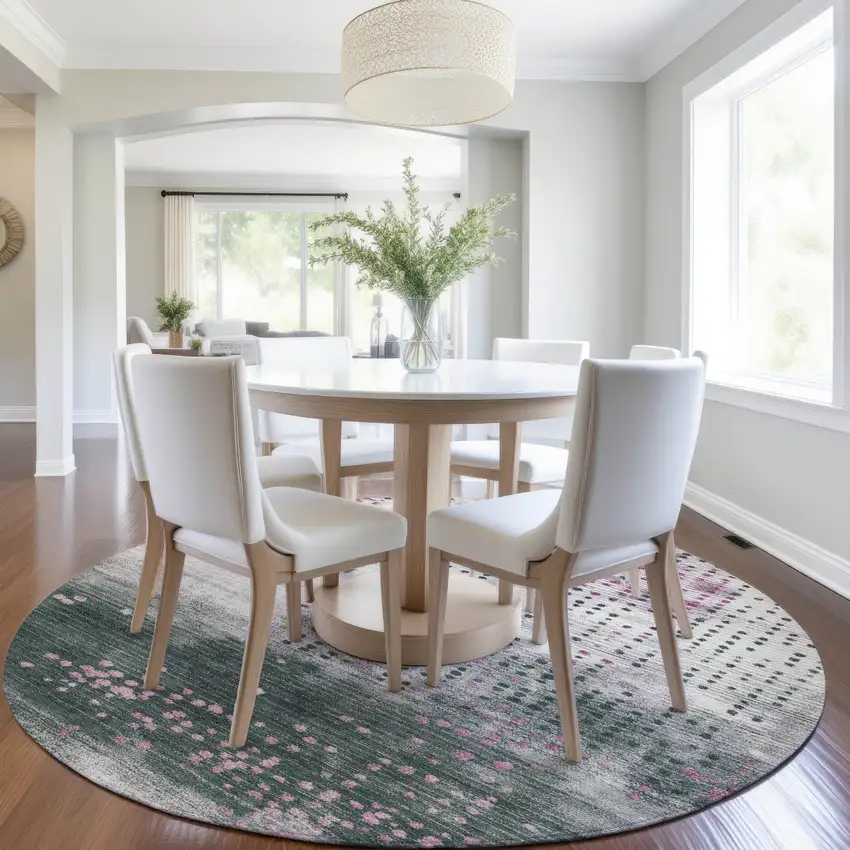 8' Blush And Emerald Round Geometric Washable Indoor Outdoor Area Rug Photo 6