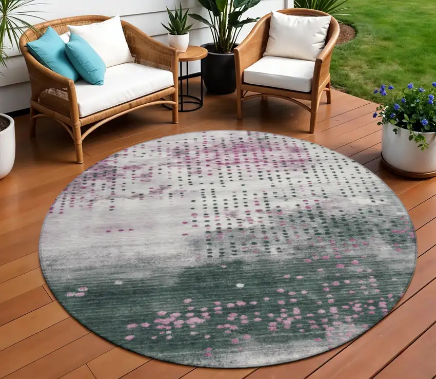 8' Blush And Emerald Round Geometric Washable Indoor Outdoor Area Rug Photo 2