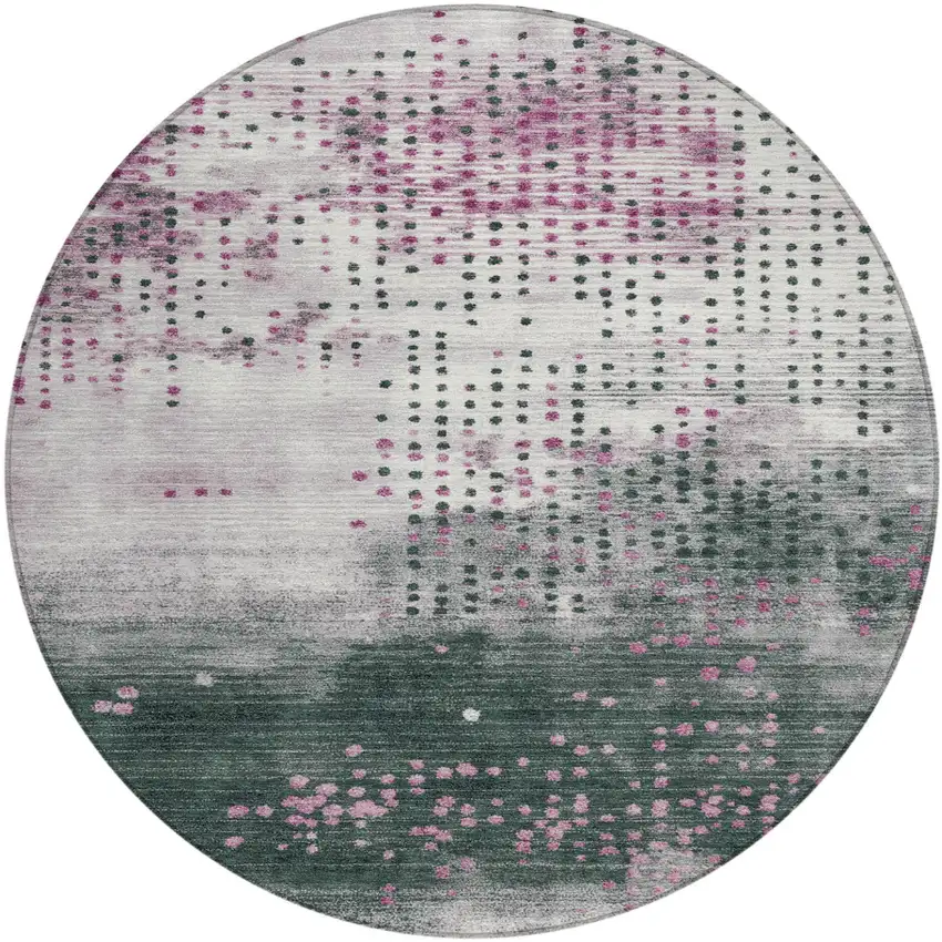 8' Blush And Emerald Round Geometric Washable Indoor Outdoor Area Rug Photo 1