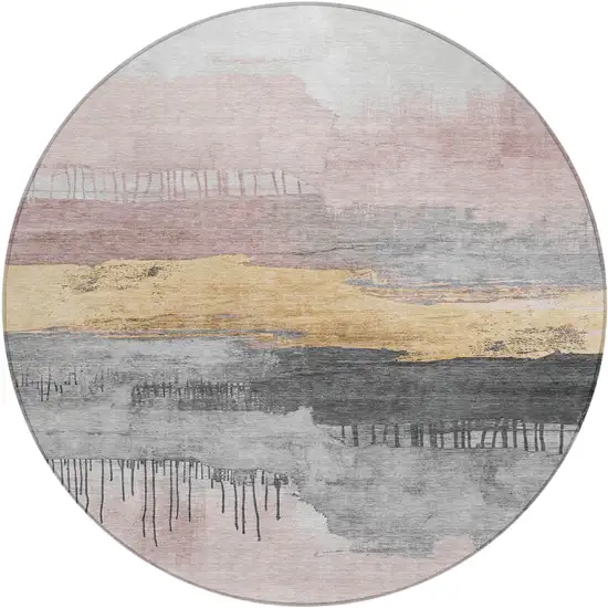 8' Blush And Gold Round Abstract Washable Indoor Outdoor Area Rug Photo 1