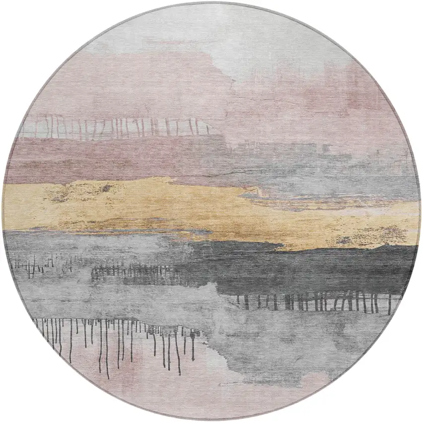 8' Blush And Gold Round Abstract Washable Indoor Outdoor Area Rug Photo 1