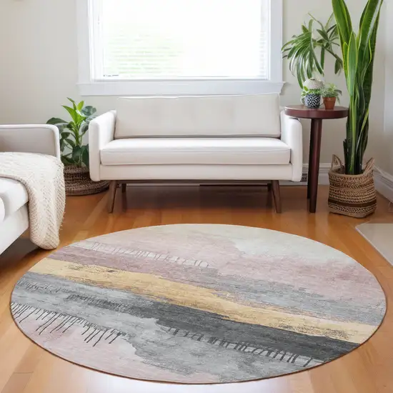 8' Blush And Gold Round Abstract Washable Indoor Outdoor Area Rug Photo 6