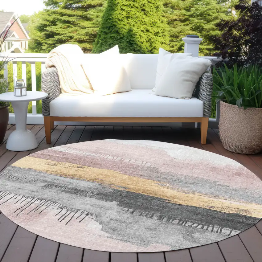 8' Blush And Gold Round Abstract Washable Indoor Outdoor Area Rug Photo 5