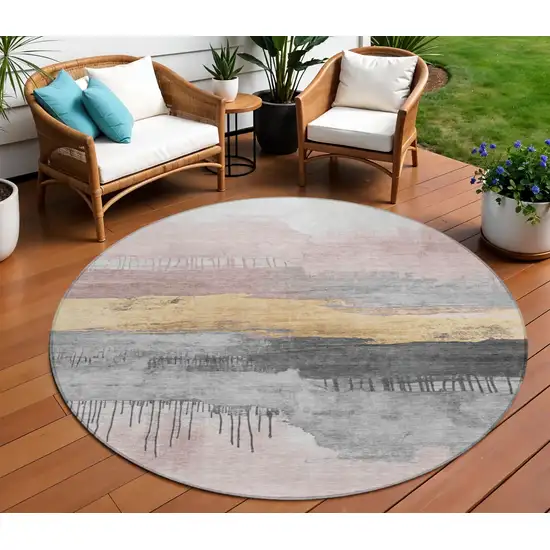 8' Blush And Gold Round Abstract Washable Indoor Outdoor Area Rug Photo 2