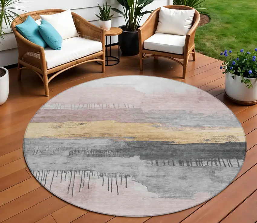 8' Blush And Gold Round Abstract Washable Indoor Outdoor Area Rug Photo 2