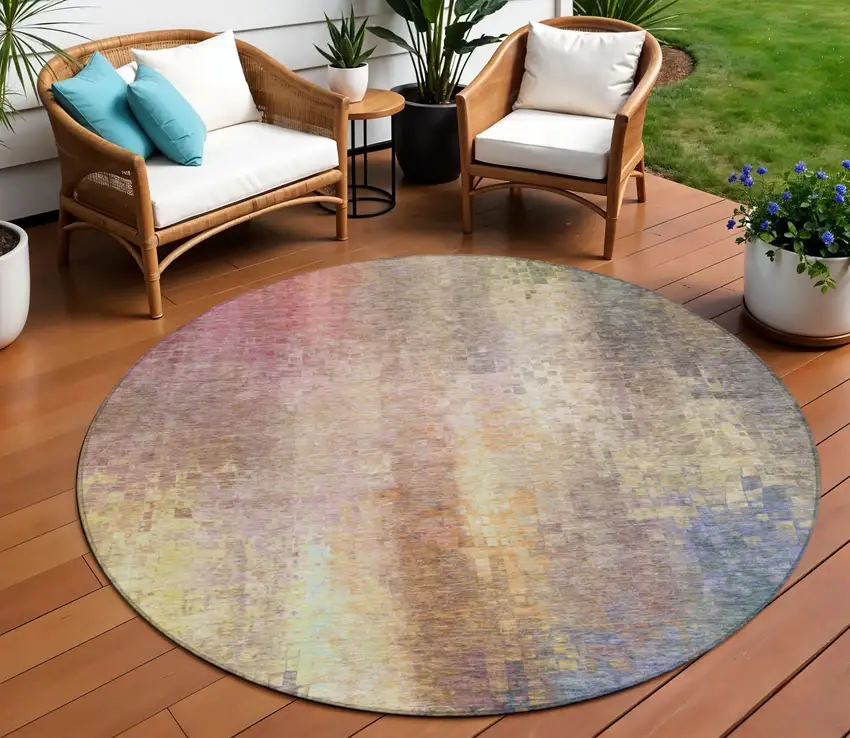 8' Blush And Gold Round Abstract Washable Indoor Outdoor Area Rug Photo 1