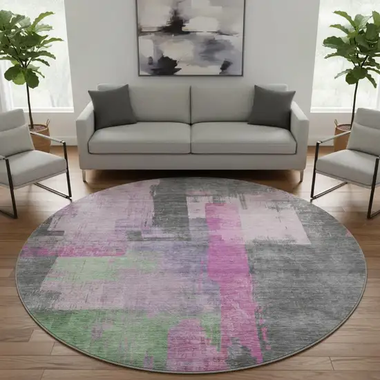 8' Blush And Gray Abstract Washable Round Rug With UV Protection Photo 2
