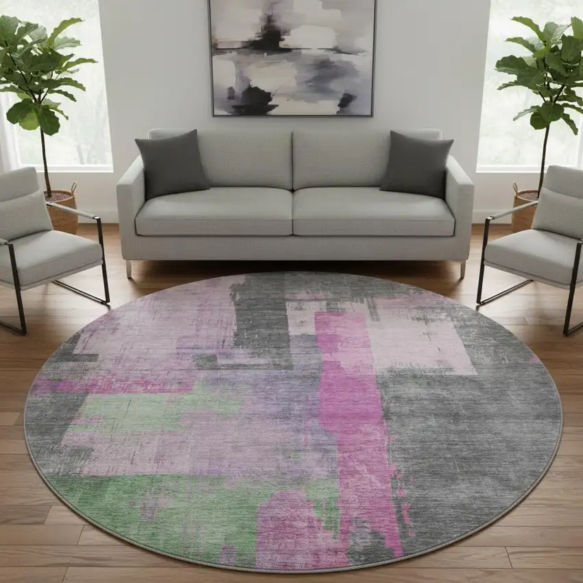 8' Blush And Gray Abstract Washable Round Rug With UV Protection Photo 2