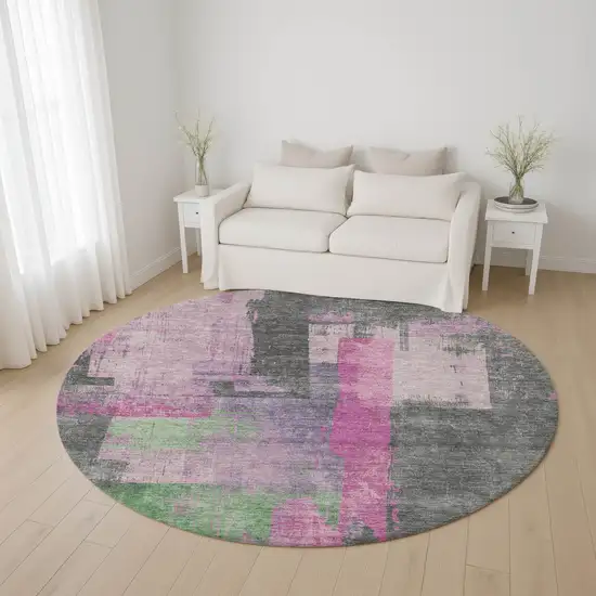 8' Blush And Gray Abstract Washable Round Rug With UV Protection Photo 4
