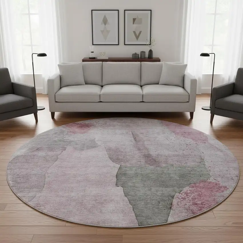 8' Blush And Gray Abstract Washable Round Rug With UV Protection Photo 2