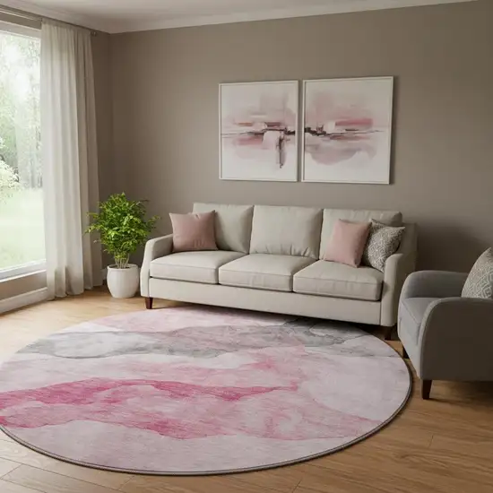 8' Blush And Gray Abstract Washable Round Rug With UV Protection Photo 2