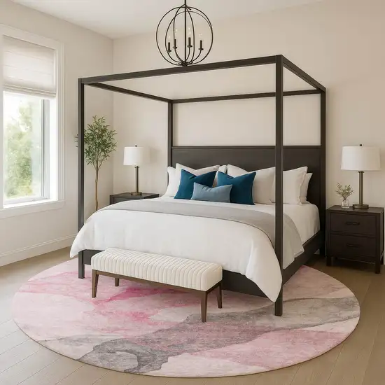 8' Blush And Gray Abstract Washable Round Rug With UV Protection Photo 5