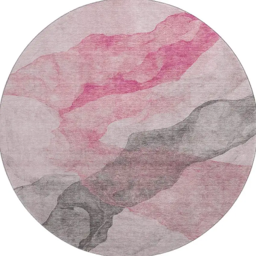 8' Blush And Gray Abstract Washable Round Rug With UV Protection Photo 4