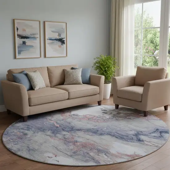 8' Blush And Gray Abstract Washable Round Rug With UV Protection Photo 2