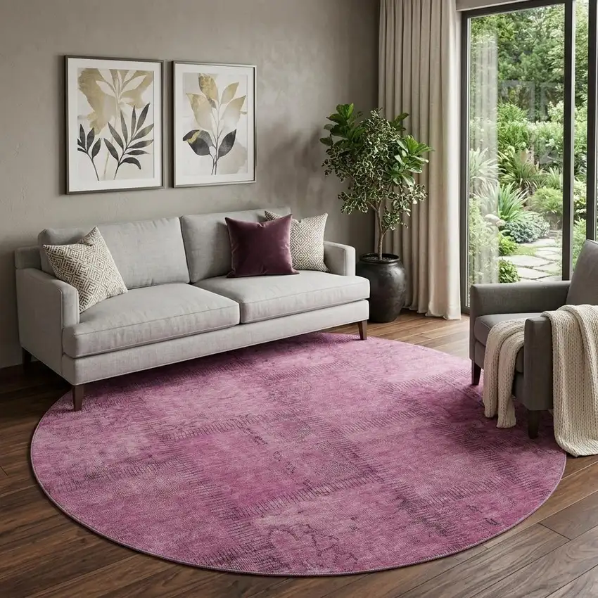 8' Blush And Gray Patchwork Washable Round Rug With UV Protection Photo 1
