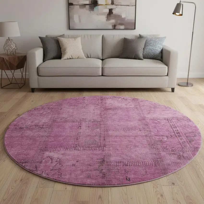 8' Blush And Gray Patchwork Washable Round Rug With UV Protection Photo 2