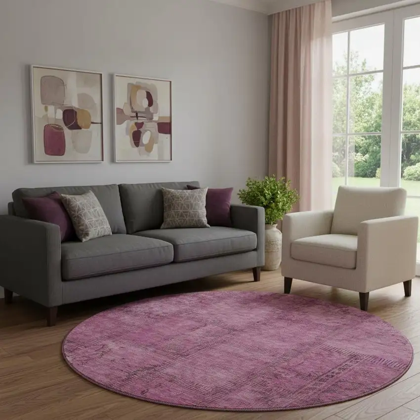 8' Blush And Gray Patchwork Washable Round Rug With UV Protection Photo 1