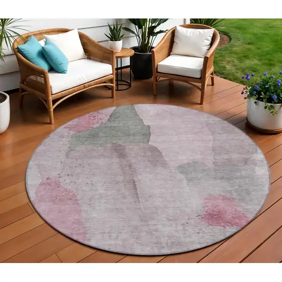 8' Blush And Gray Round Abstract Washable Indoor Outdoor Area Rug Photo 2