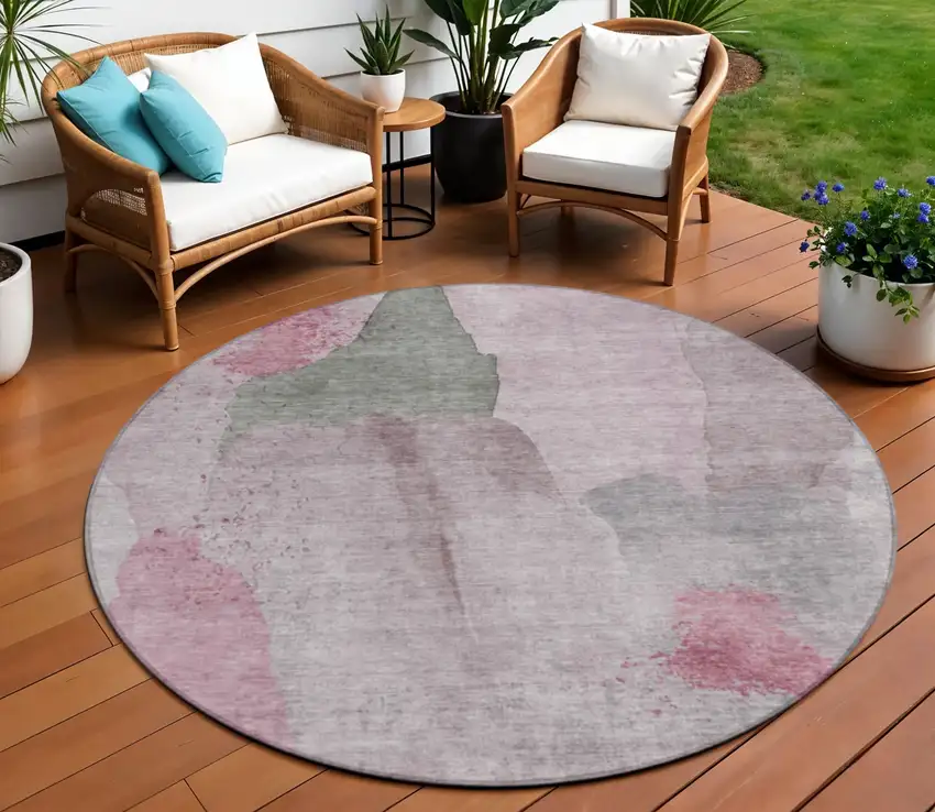 8' Blush And Gray Round Abstract Washable Indoor Outdoor Area Rug Photo 2