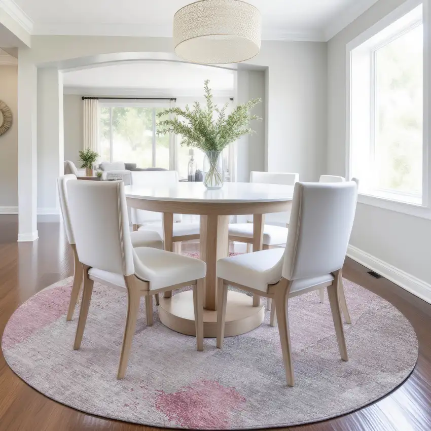 8' Blush And Gray Round Abstract Washable Indoor Outdoor Area Rug Photo 6