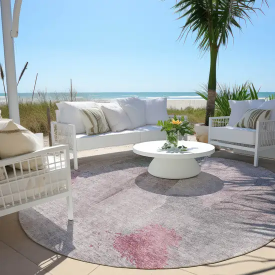 8' Blush And Gray Round Abstract Washable Indoor Outdoor Area Rug Photo 5