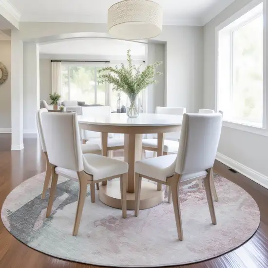 8' Blush And Gray Round Abstract Washable Indoor Outdoor Area Rug Photo 6