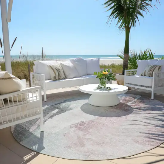 8' Blush And Gray Round Abstract Washable Indoor Outdoor Area Rug Photo 5
