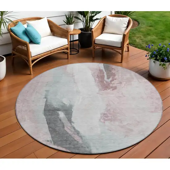 8' Blush And Gray Round Abstract Washable Indoor Outdoor Area Rug Photo 2