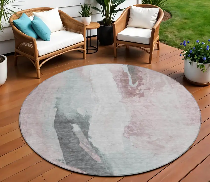 8' Blush And Gray Round Abstract Washable Indoor Outdoor Area Rug Photo 2