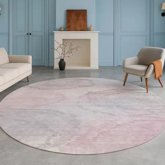 8' Blush And Gray Round Abstract Washable Indoor Outdoor Area Rug Photo 5