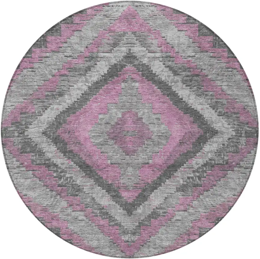 8' Blush And Gray Round Aztec Washable Indoor Outdoor Area Rug Photo 3