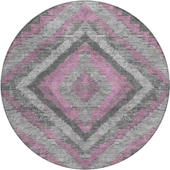 8' Blush And Gray Round Aztec Washable Indoor Outdoor Area Rug Photo 1
