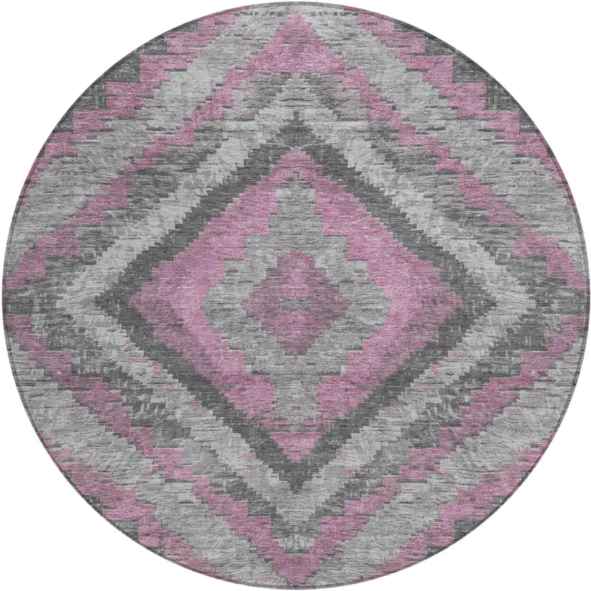8' Blush And Gray Round Aztec Washable Indoor Outdoor Area Rug Photo 1