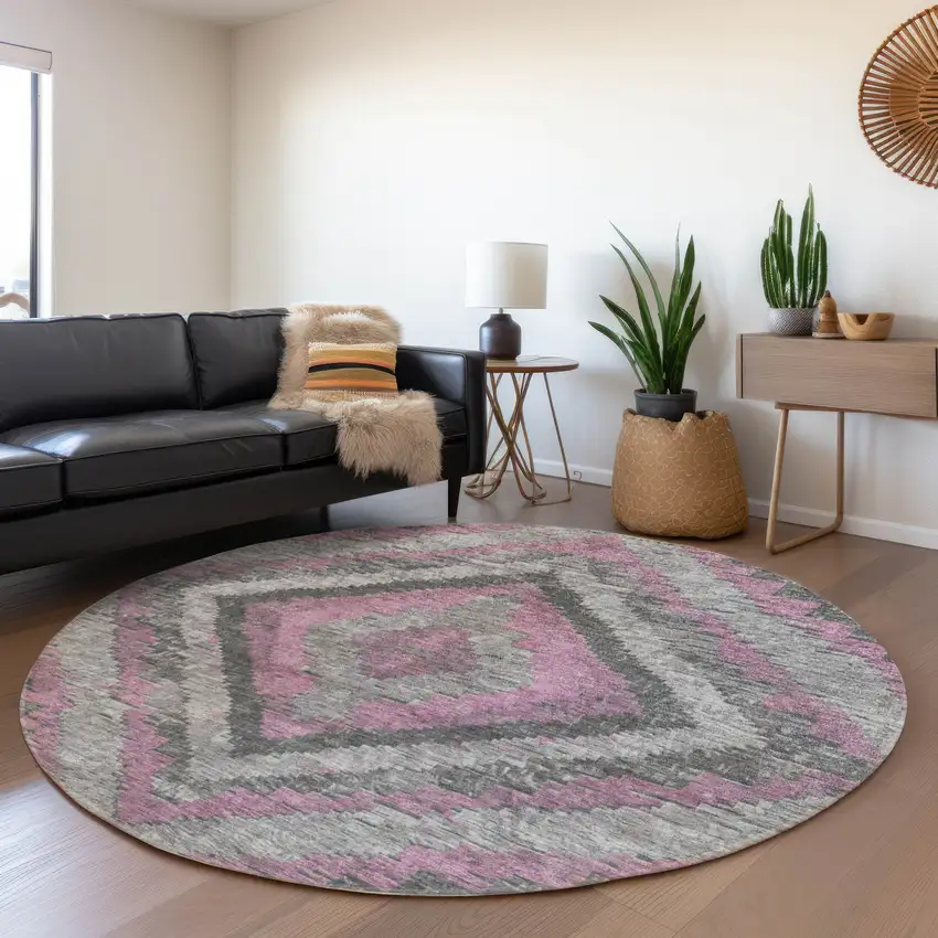 8' Blush And Gray Round Aztec Washable Indoor Outdoor Area Rug Photo 6