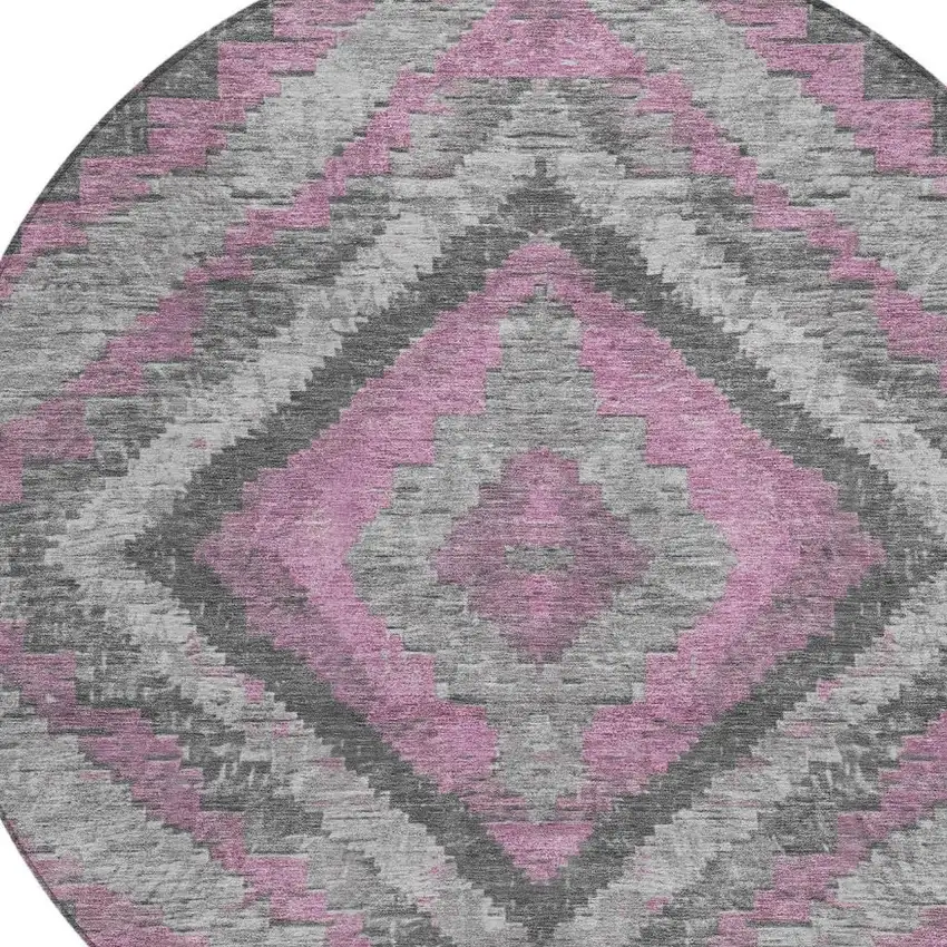 8' Blush And Gray Round Aztec Washable Indoor Outdoor Area Rug Photo 4