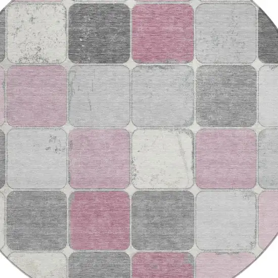 8' Blush And Gray Round Geometric Washable Indoor Outdoor Area Rug Photo 4