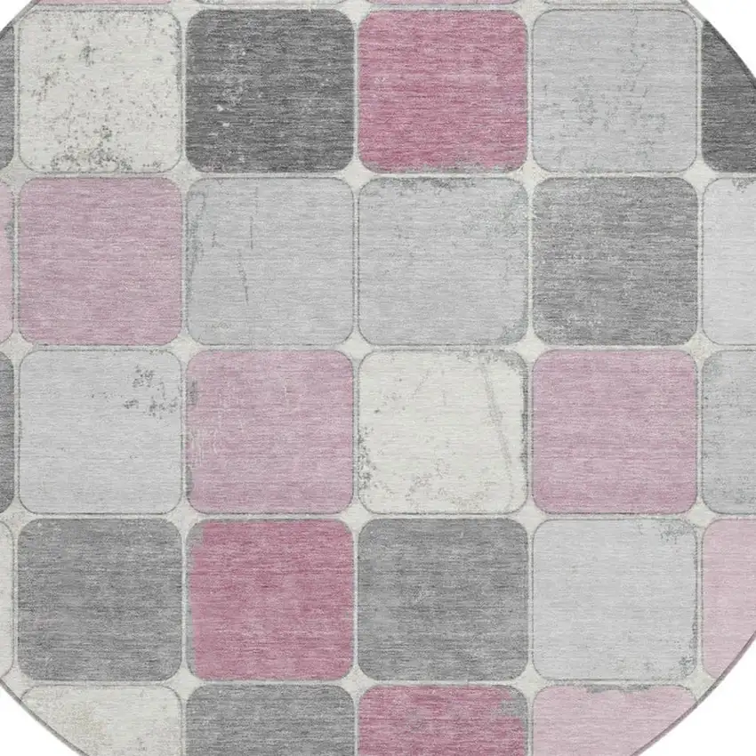 8' Blush And Gray Round Geometric Washable Indoor Outdoor Area Rug Photo 4