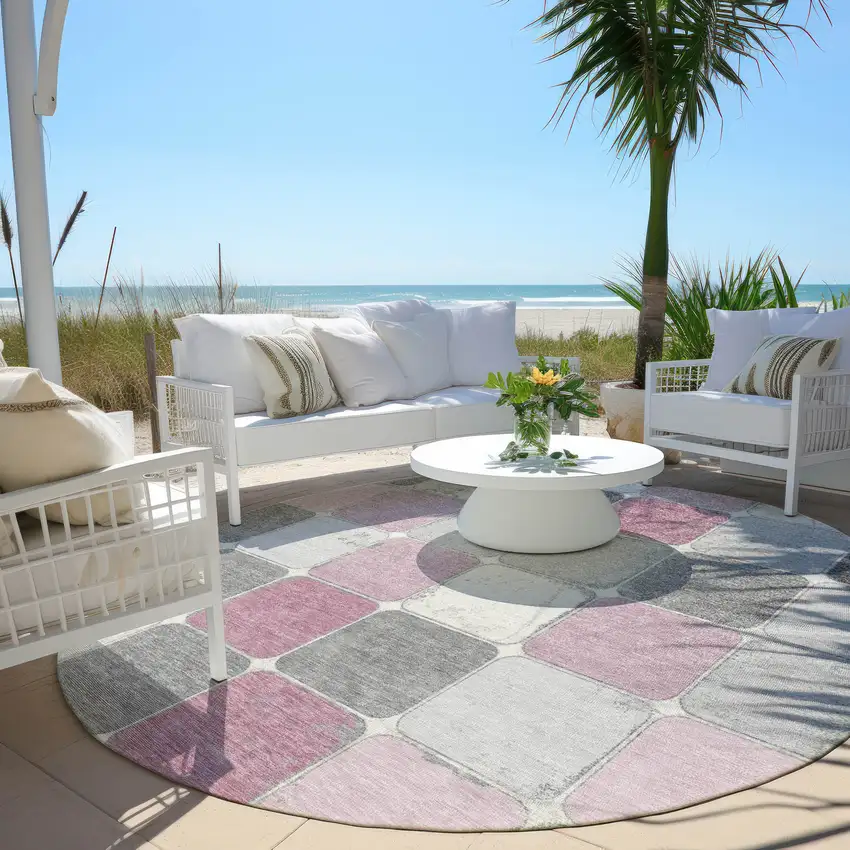 8' Blush And Gray Round Geometric Washable Indoor Outdoor Area Rug Photo 6