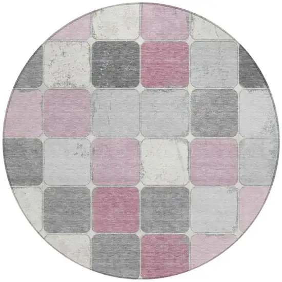 8' Blush And Gray Round Geometric Washable Indoor Outdoor Area Rug Photo 3