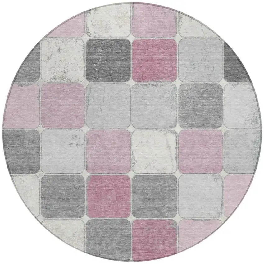 8' Blush And Gray Round Geometric Washable Indoor Outdoor Area Rug Photo 3