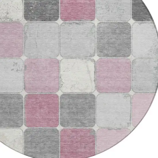 8' Blush And Gray Round Geometric Washable Indoor Outdoor Area Rug Photo 9