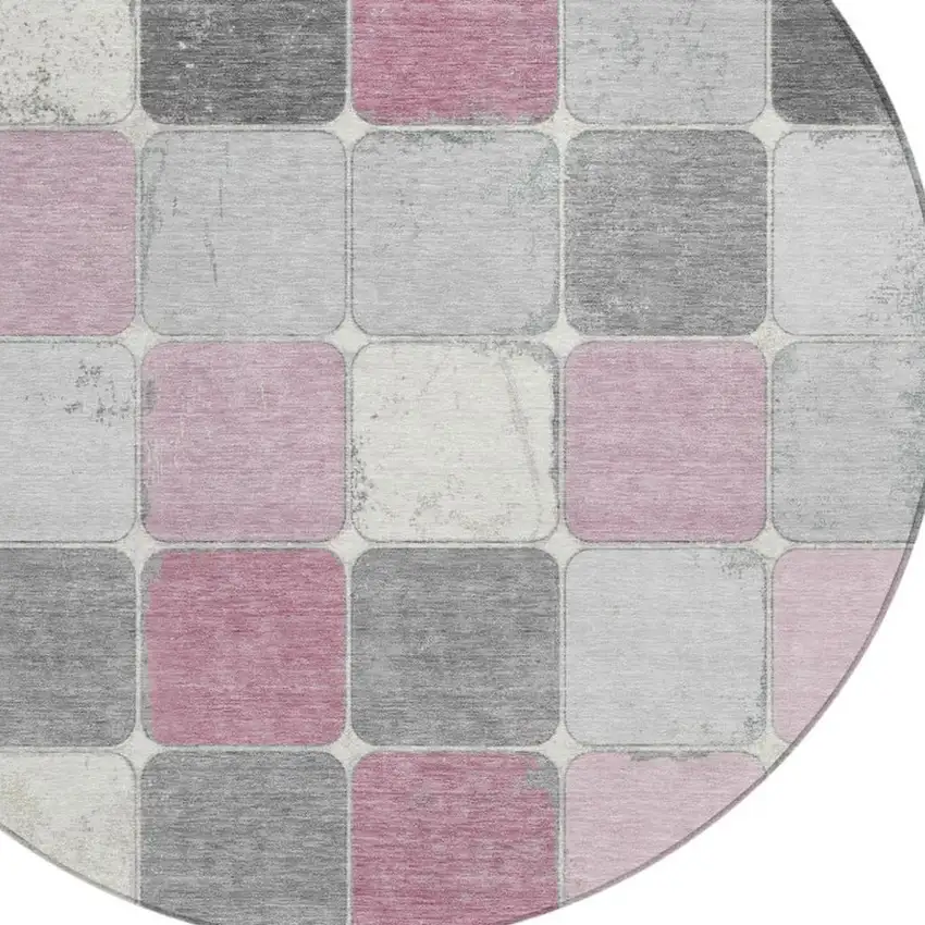 8' Blush And Gray Round Geometric Washable Indoor Outdoor Area Rug Photo 9