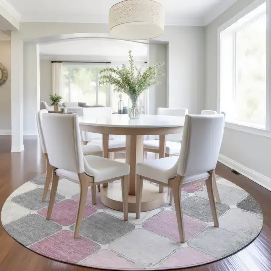 8' Blush And Gray Round Geometric Washable Indoor Outdoor Area Rug Photo 7