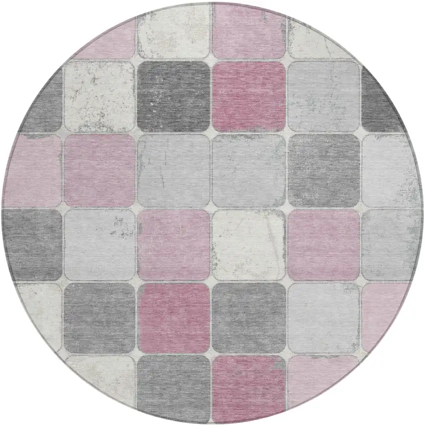 8' Blush And Gray Round Geometric Washable Indoor Outdoor Area Rug Photo 1