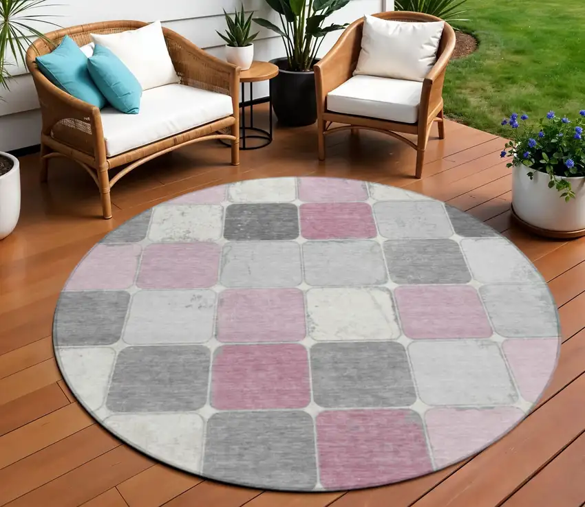8' Blush And Gray Round Geometric Washable Indoor Outdoor Area Rug Photo 2