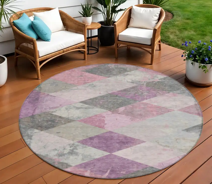8' Blush And Gray Round Geometric Washable Indoor Outdoor Area Rug Photo 2