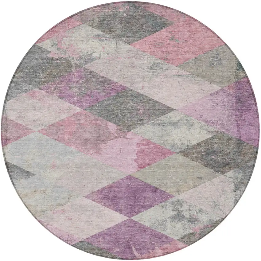 8' Blush And Gray Round Geometric Washable Indoor Outdoor Area Rug Photo 4