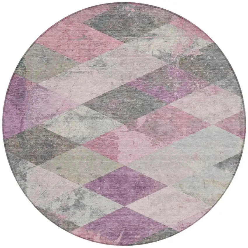 8' Blush And Gray Round Geometric Washable Indoor Outdoor Area Rug Photo 3